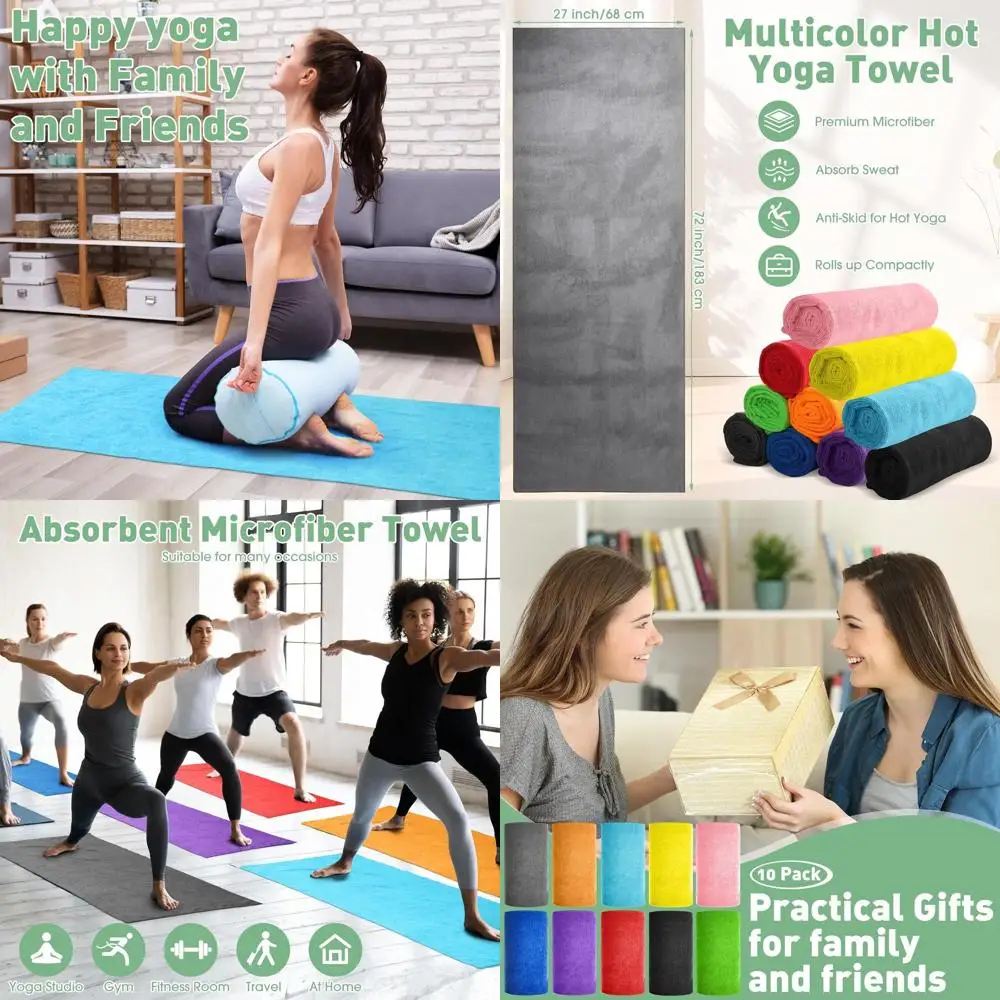 

Массовая упаковка из 10 нескользящих и впитывающих полотенец для йоги из микрофибры, разноцветных для мужчин и женщин, 27x72 (классический размер)