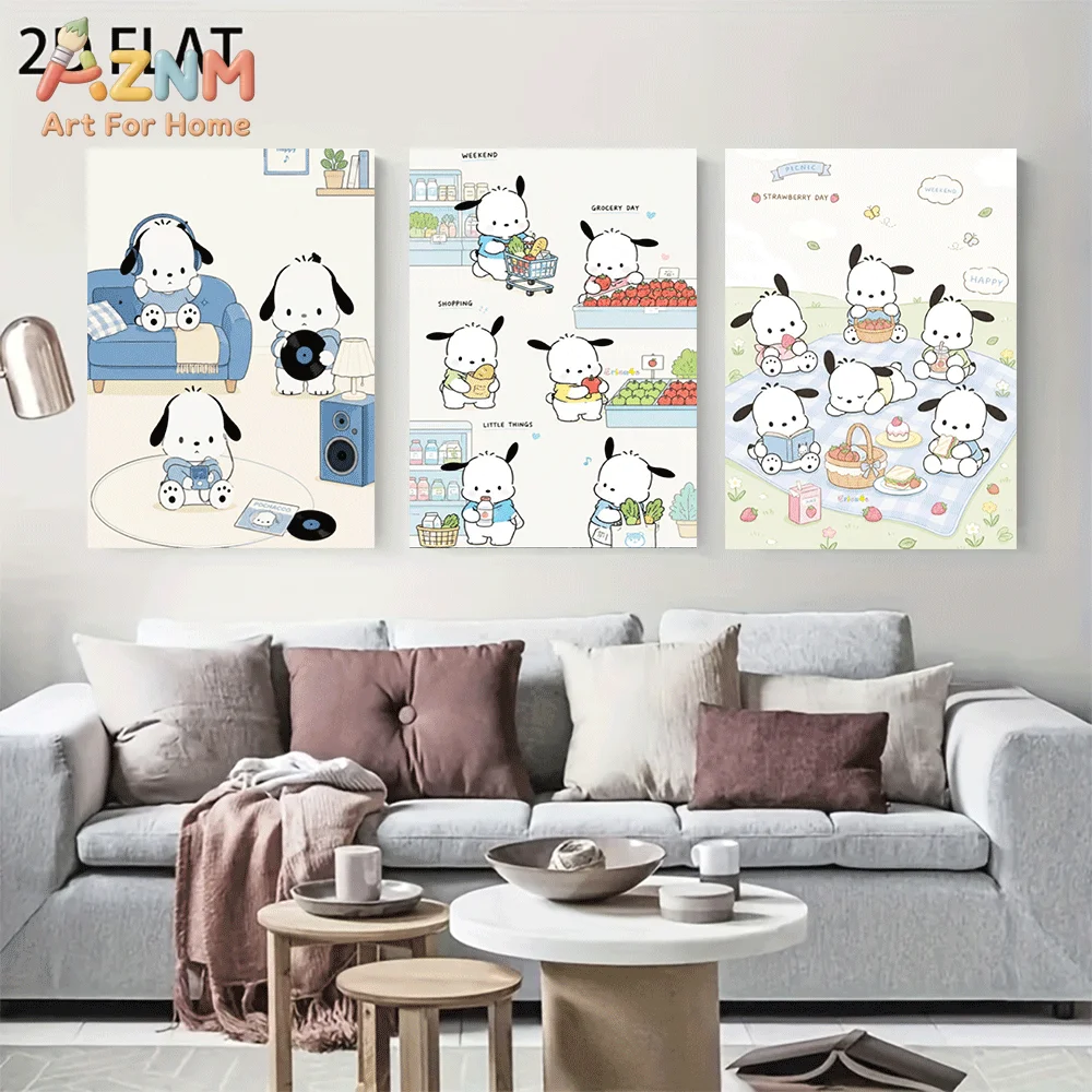 AZNM Pochacco Canvas Wall Art Unframed Cute Cartoon Print Poster Weekend Life Shopping Picnic Record Player Pastel Style Design