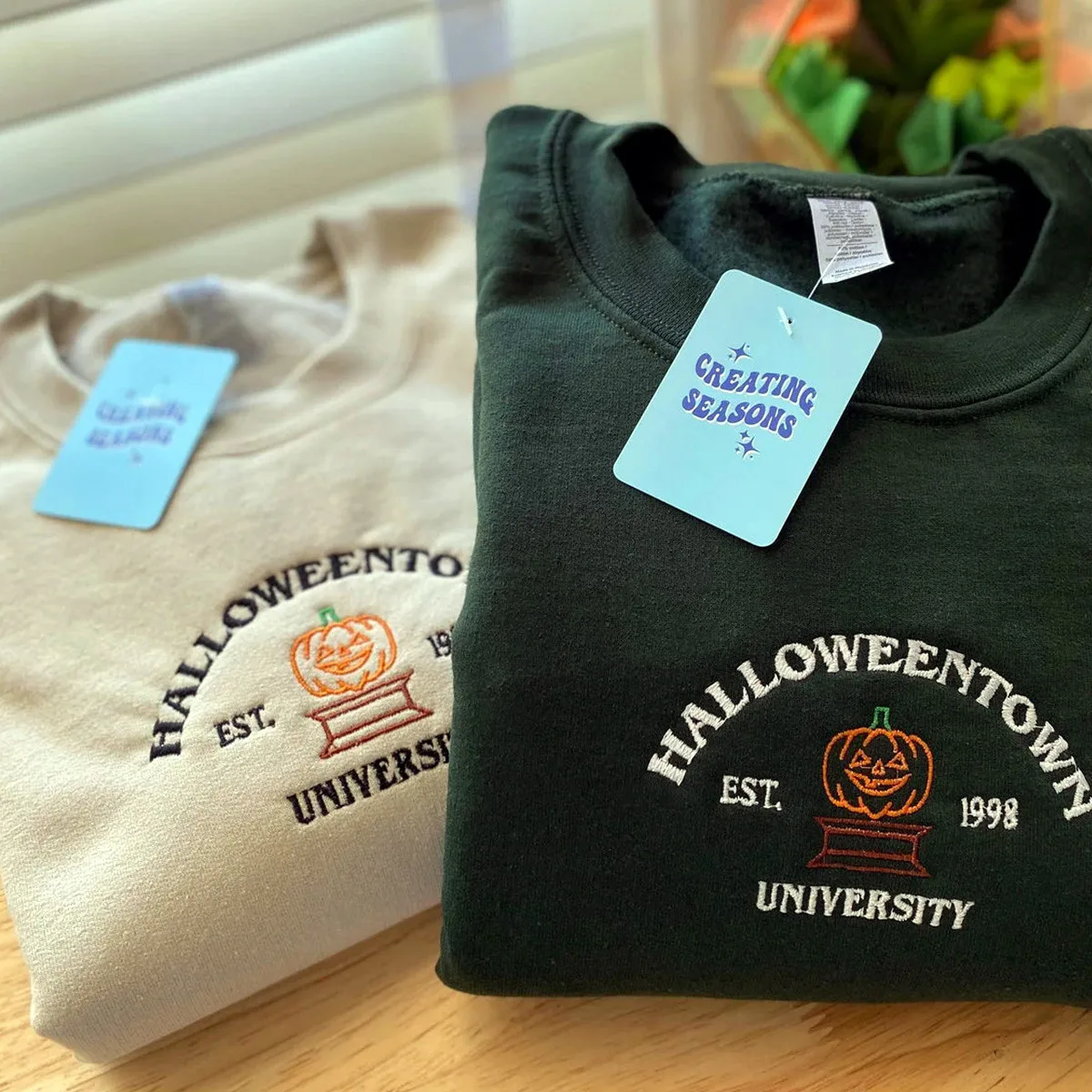 Halloween Town University Embroidered Sweatshirts Unisex Crewneck Loose Cotton Thick Fleece Pullover Vintage Style Sweatshirt