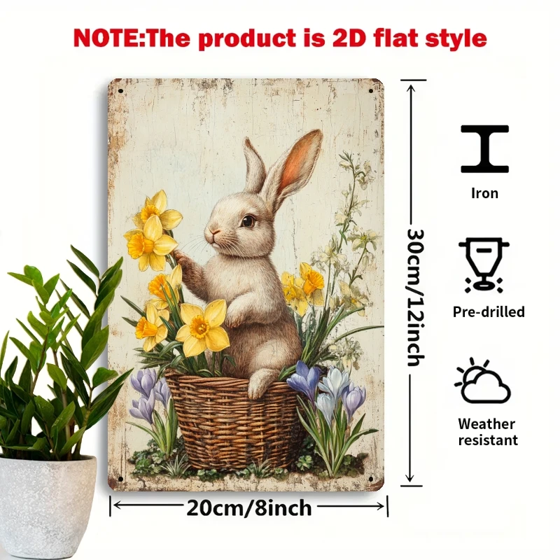 2D Flat, 1pc Vintage Rabbit & Daffodils Spring Metal Wall Art Sign - Rustic Farmhouse Bunny in Wicker Basket with Crocuses Suita