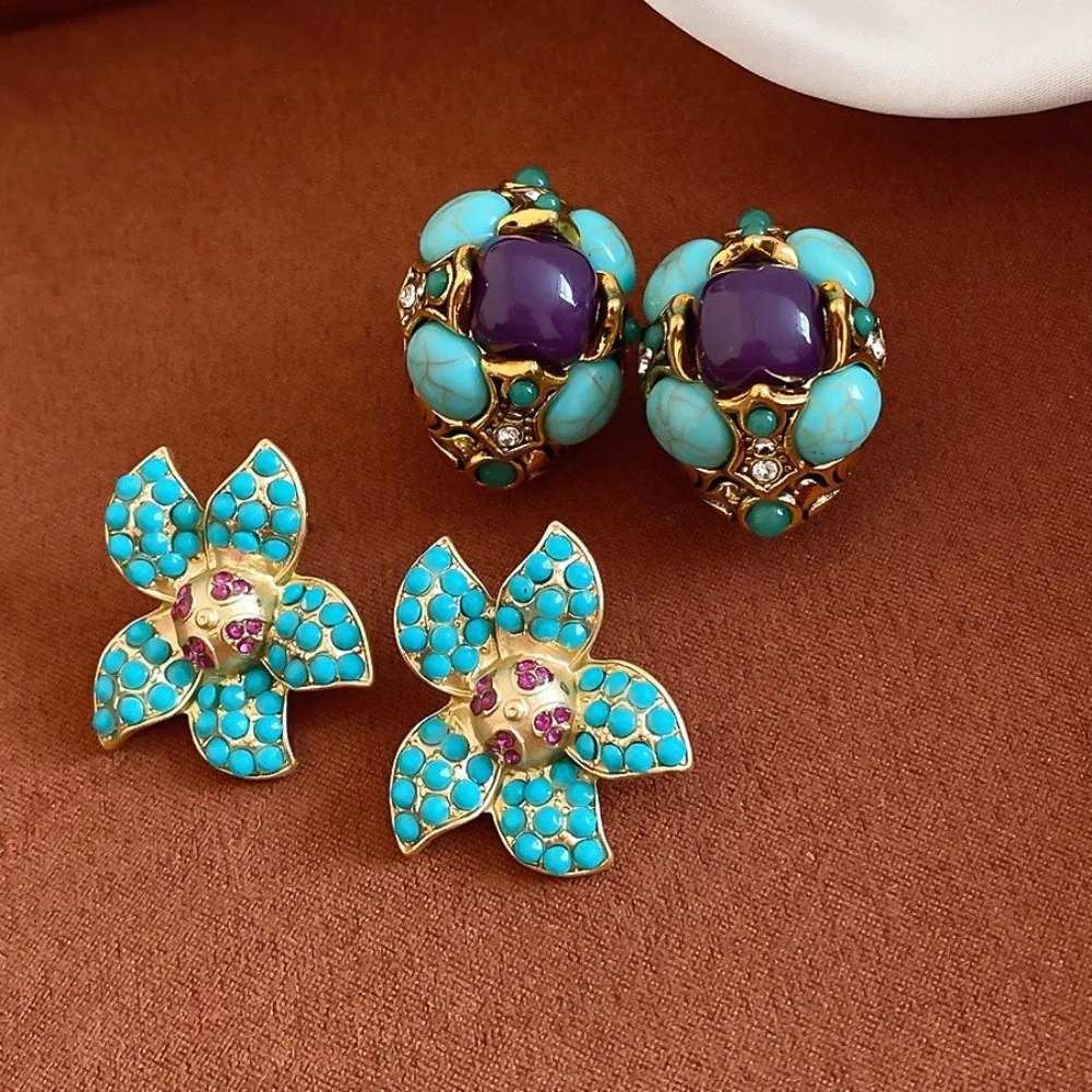 Pendientes de aleación con forma irregular, cristal, flor azul pavo real, pendientes vintage elegantes de resina medieval para mujer