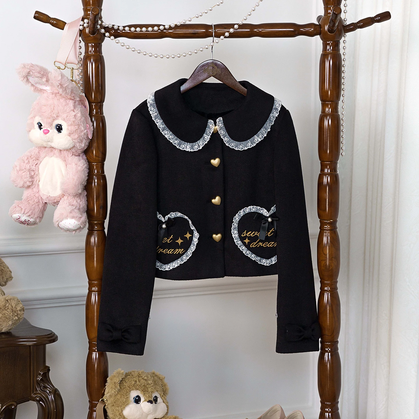 Japanese Original Lolita Top Sweet Kawaii Heart-shaped Bow Lace Jacket Warm Autumn and Winter Daily Commute Versatile Retro Coat