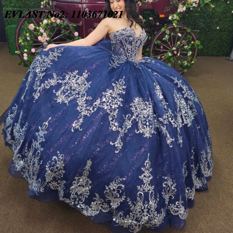 EVLAST Customized Sparkly Navy Blue Ball Gown Quinceanera Dress Silver Lace Applique Beading Sweet 16 Vestidos 15 Anos E2QA467