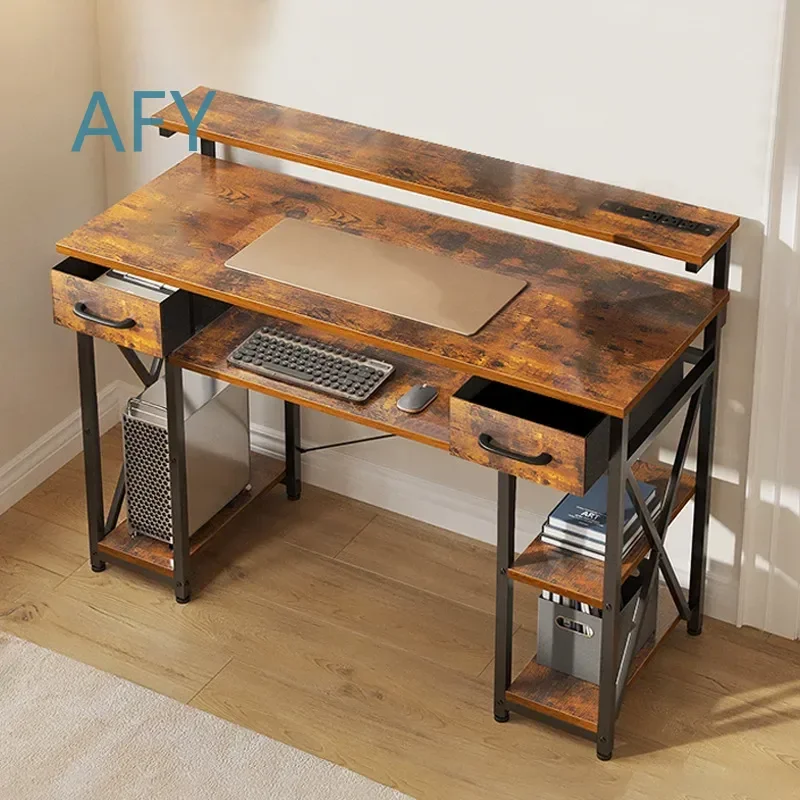 Minimalist Work Study Computer Desk with Monitor Rack and Double Drawer for Home Office Desk for Laptop Desk for Small Space