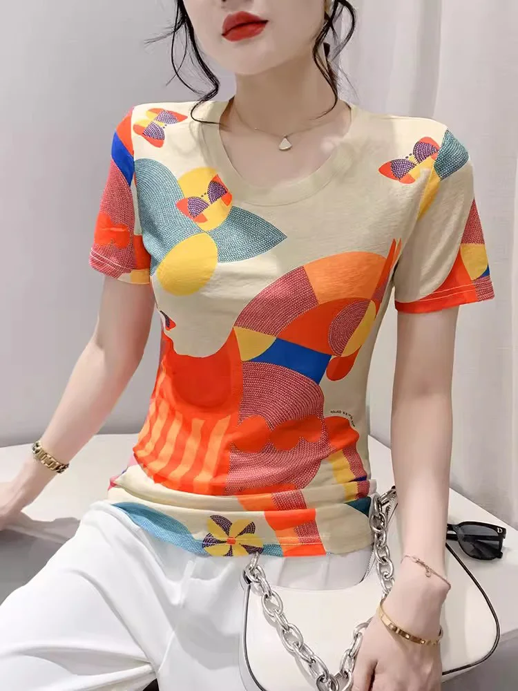 New Women Summer Elastic Print T-shirt Fashion O-Neck Short Sleeve Slim Mesh T-shirt Simplicity Streetwear Personality Tees