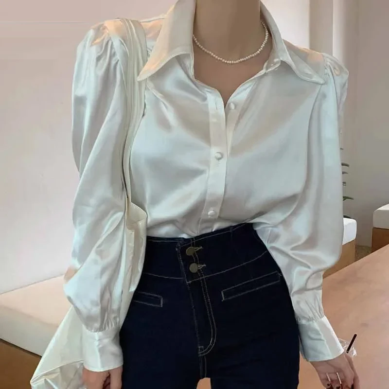 Women\'s Korean Puff Sleeve Loose Satin Button Lapel Shirt, Elegant Tops, Creamy-white, New Chic Blouse, 12635