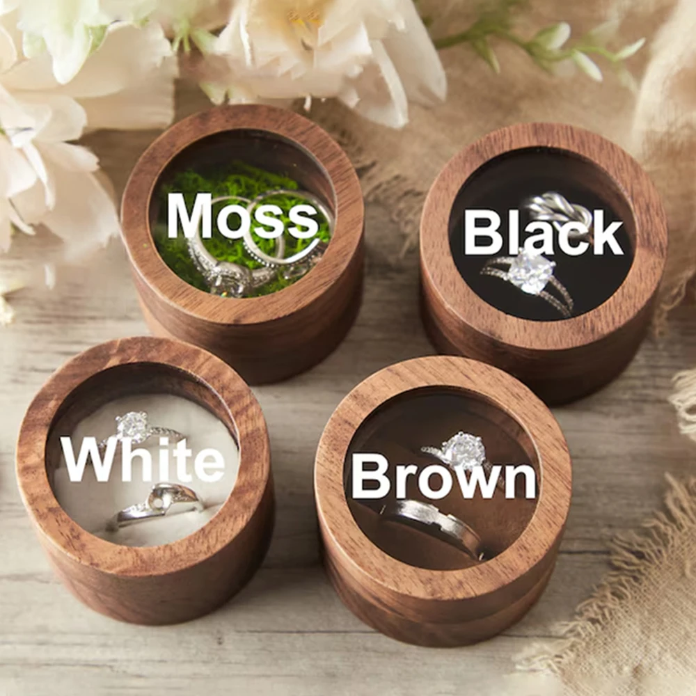 Personalized Wooden Engagement Ring Box Custom Wedding Round Black Walnut Doublt Slot Jewelry Case Anniversary Ring Proposal Box
