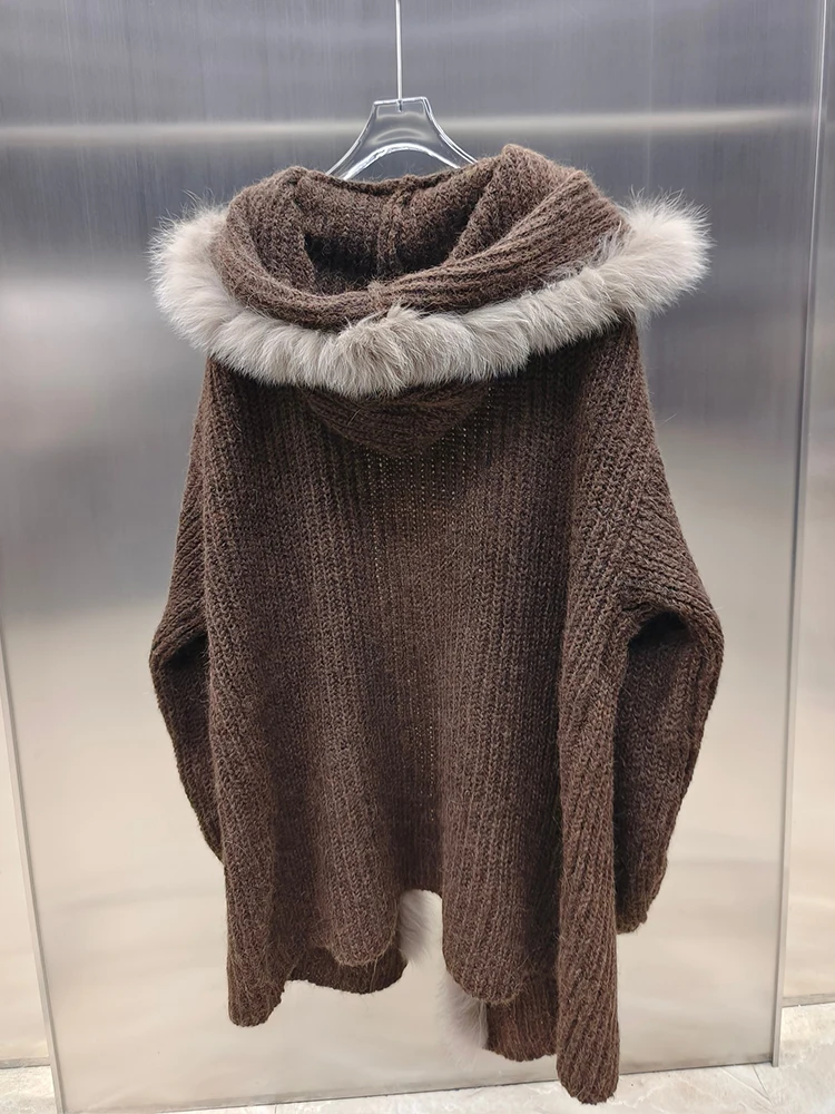 春秋暖かいセーターキツネの毛皮のフード付きカーディガン女性女性無地 Jackrt Femeale 高級コート