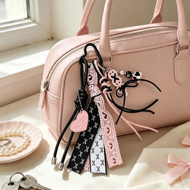 Kpop Y2K Punk Bags Hanging Charm Black Pink Lace Rope Backpack Bag Charm Pendant Chain Ornament Keychain Exquisite Accessory