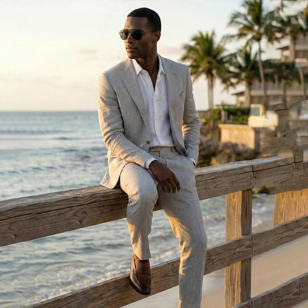 Linen Men's Suits 2 Pieces Notch Lapel Single Breasted Summer Wedding Tuxedo Slim Fit Office Business Jacket+pants Customized