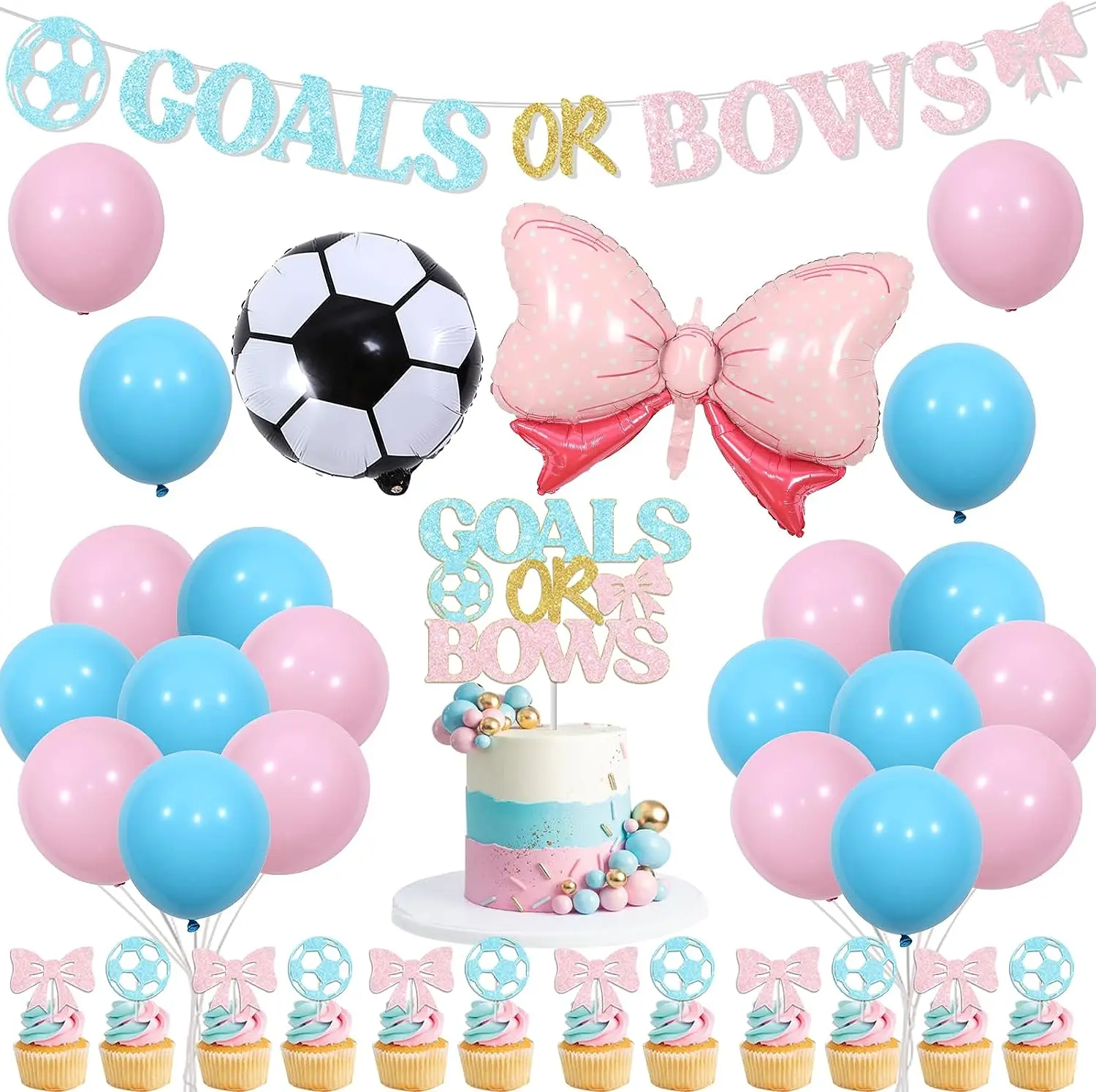 

Soccer Gender Reveal Decorations for Boy or Girl, Football Banner, Cake Cupcake Topper, Blue and Pink Soccer Bow Tie, Foil Ballo