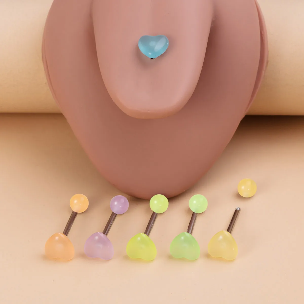 6pcs/Set 14G Heart Acrylic Glowing Tongue Ring Barbell 316L Stainless Steel Bar Tongue Piercing Body Jewelry for Women Men
