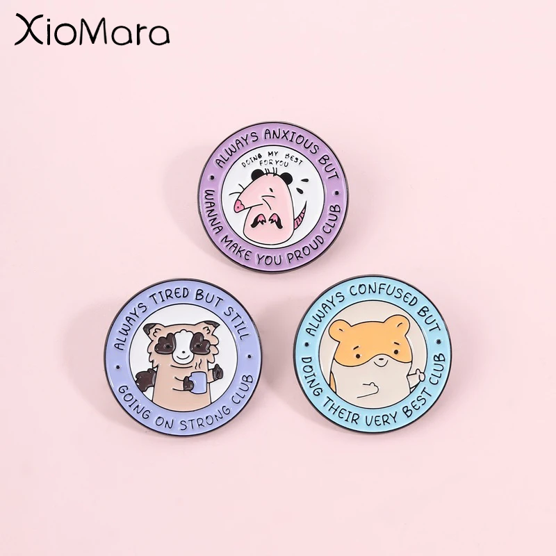 Creative Cute Animal Club Enamel Pin, Funny Fatigue Mental State Text Badge, Fashion Accessory, Unisex Design, Gift for Friends