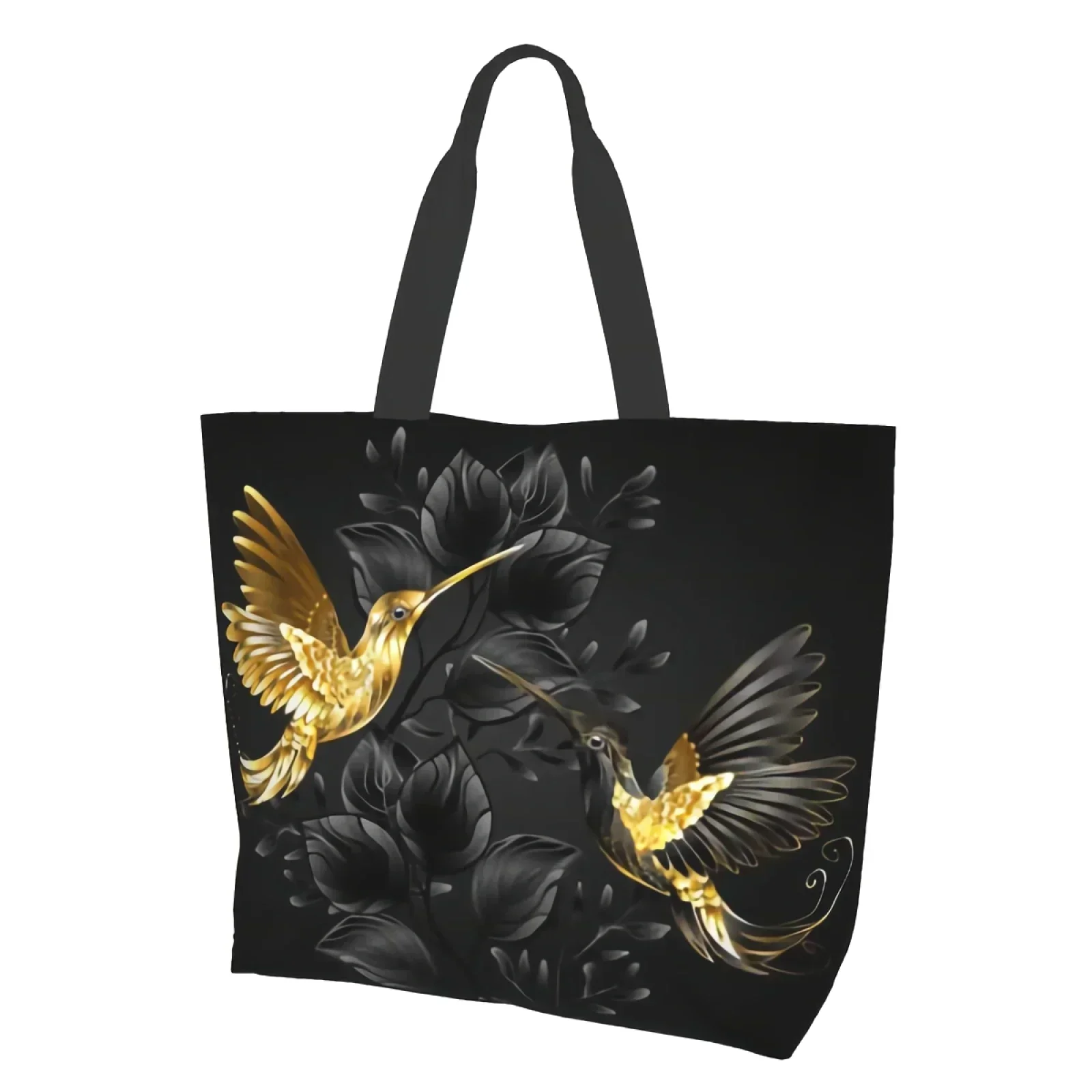 

Gold Jewelry Hummingbirds Extra Large Grocery Bag Black Flower Reusable Tote Bag Shopping Travel Storage Tote