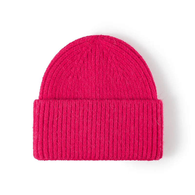 

rabbit fur hats for women men autumn winter knit beanies caps unisex solid color black white red gray large roll rim skullies