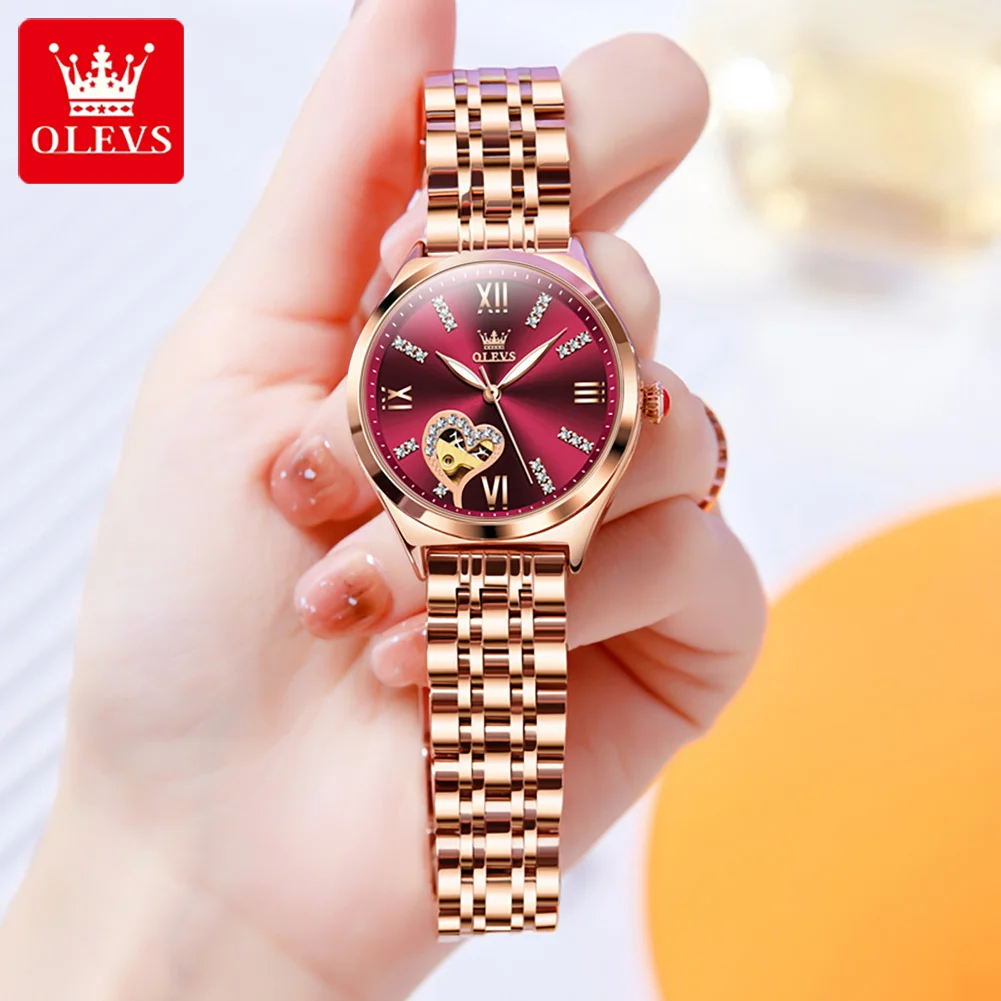 OLEVS 6636 오리지널 기계식 시계, 자동 무브먼트 러브 다이얼 시계, 여성용 방수 야광 시계