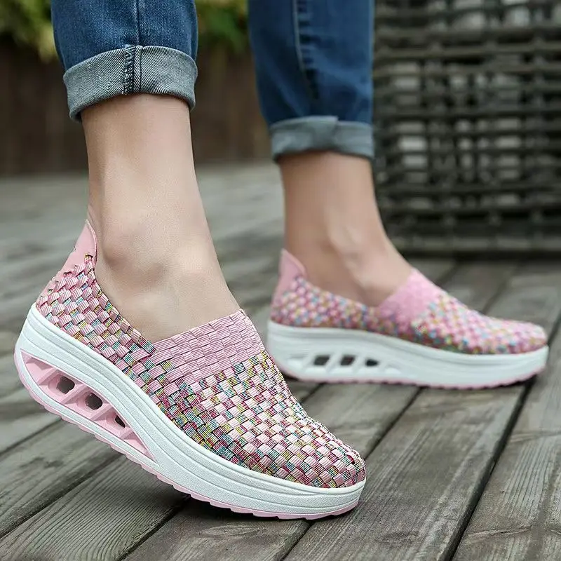 

Woman Hand Woven Wedges Casual Sneakers Spring Autumn Thick Sole Non Slip Shallow Slip On Round Toe Lightweight Walking Shoes