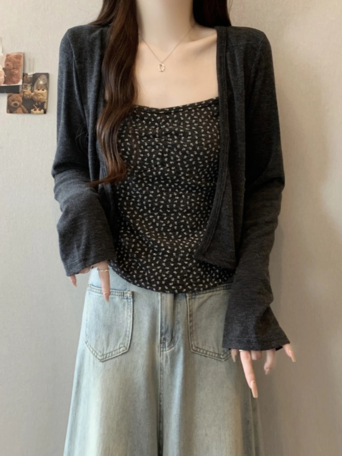 

Early Spring Fashion plus Size Women's Short Open Cardigan Top Tank Top Two-Piece Set Age-Defying Korean Style Loose Fit