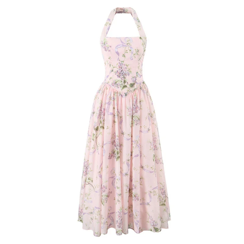 

2025Summer New Fashion Lightweight Slim Pink Chiffon Split Mid-Length Dress
