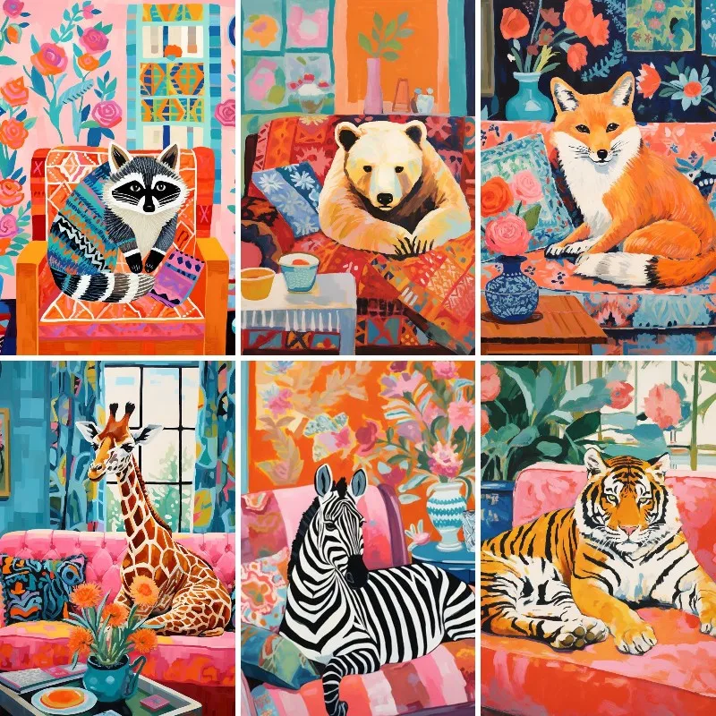 

Full Square/Round Drill 5D DIY Diamond Painting Embroidery Cross Stitch Bear Tiger Wolf Raccoon Reading on Sofa for Home Decor