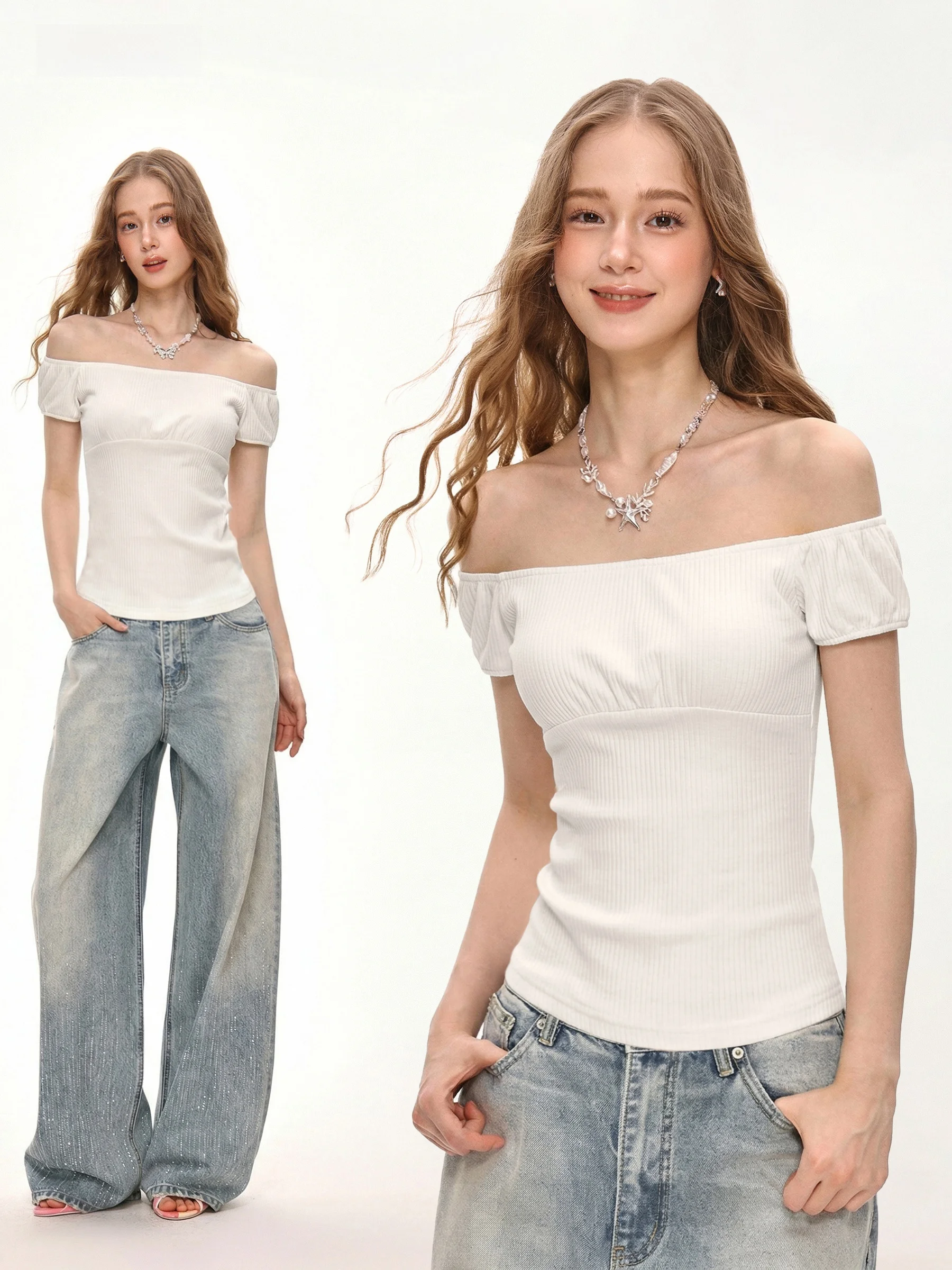 Camiseta de manga corta con hombros descubiertos para mujer, estilo americano, de verano, con manga abullonada, efecto adelgazante, top corto con hombros descubiertos, ideal para el mes de octubre.