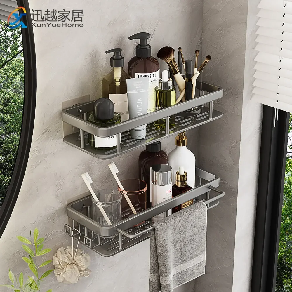 

Bathroom Shelf Shower Shampoo Holder Gray Aluminum Storage Cosmetic Basket Wall Self-adhesive Organizer Rack Household Accessory