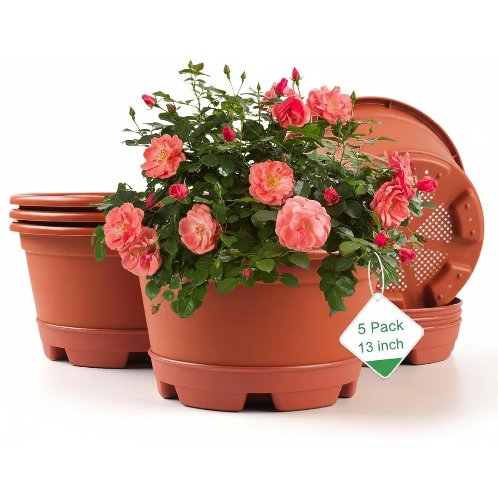 

Modern Decorative Flower Pots 5-Pack with Saucers, Lightweight Large Resin Planters for Indoor Outdoor Garden Plants