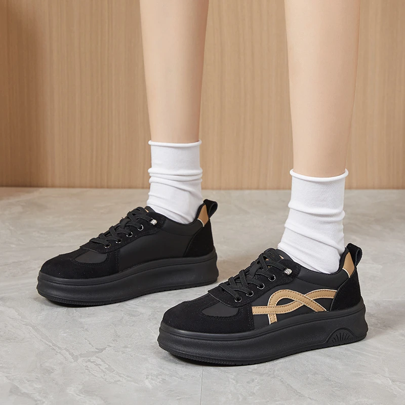 

Womens Black Platform Sneakers With Beige Accent Lace Up Design Comfortable Thick Sole Casual Shoes For Daily Walking And Sports