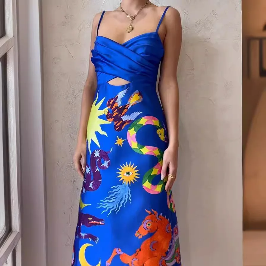 فستان صيفي مثير من الساتان موديل 2025 بدون أكمام مطبوع بدون ظهر للنساء