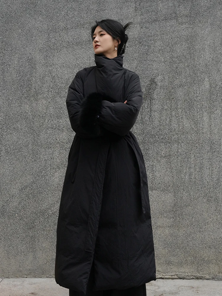 Winter Revers Wollen Mouwen Lange Parker Donsjack Vrouwen Witte Eendendons Lace Up Warm Donsjack Vrouwelijke Knielengte Outwears