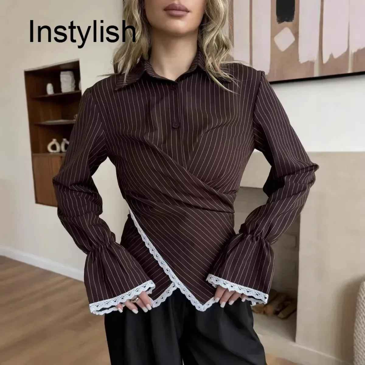 Women Striped Wrap Blouse Lapel Collar Flare Long Sleeve Lace Trim Irregular Slim Fit Shirt Ladies Autumn Elegant Casual Tops
