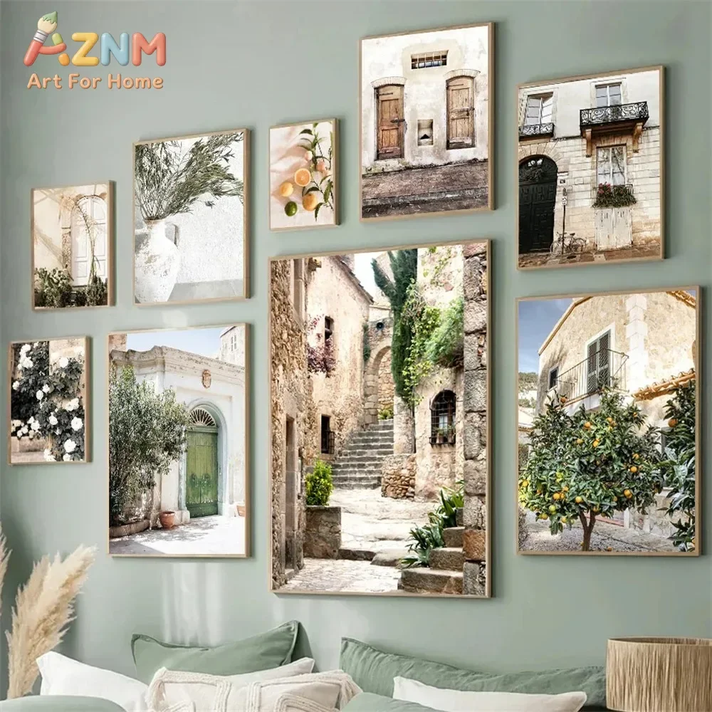 AZNM Mediterranean Village Canvas Wall Art, Tuscan Stone Street Orange Tree Floral Print, Rustic European Country Scenery Poster