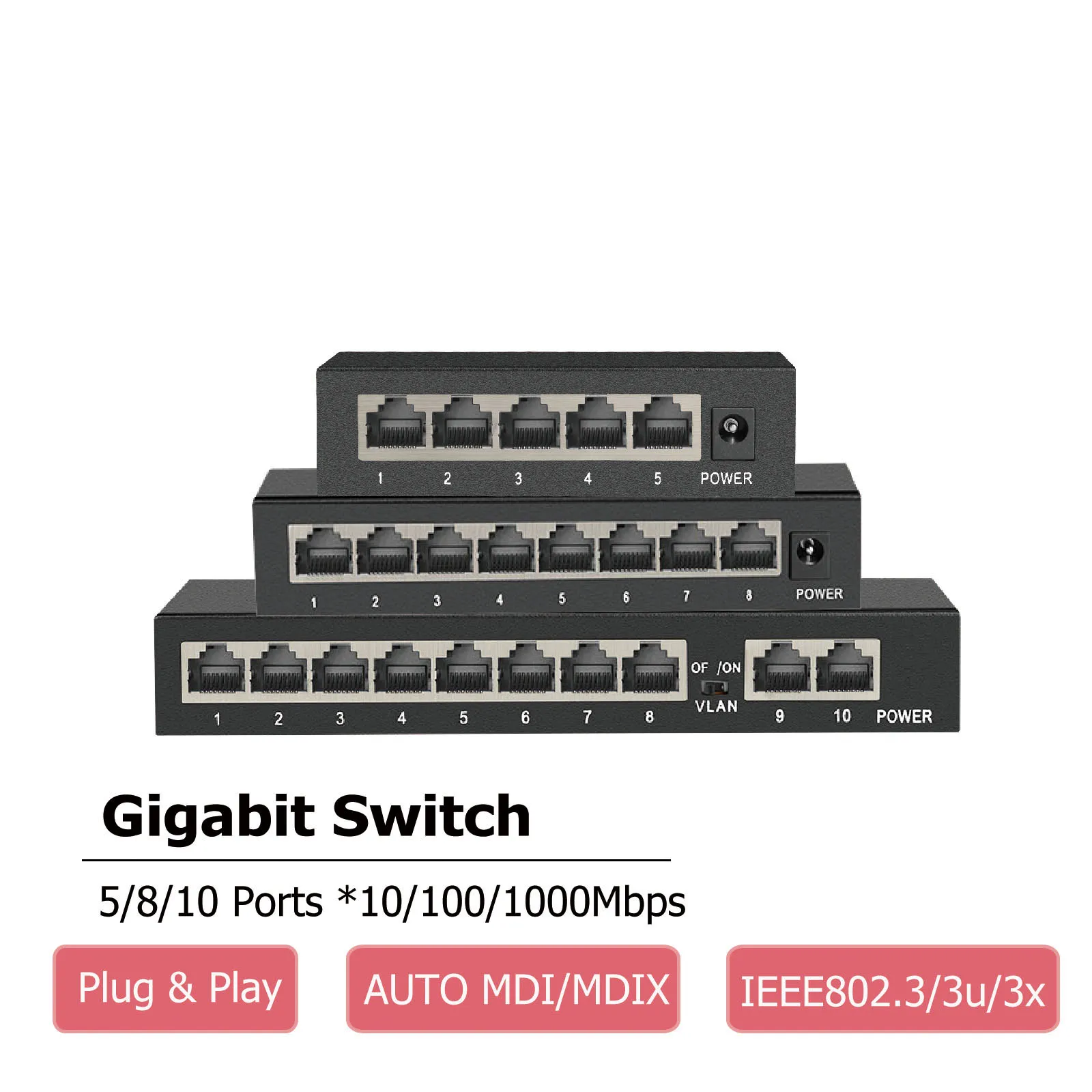 IenRon-conmutador Gigabit de 10/8/5 puertos, conmutador Ethernet de 1000Mbps, divisor de red no POE, interruptor automático MDI/MDIX de 10 puertos para enrutador Wifi