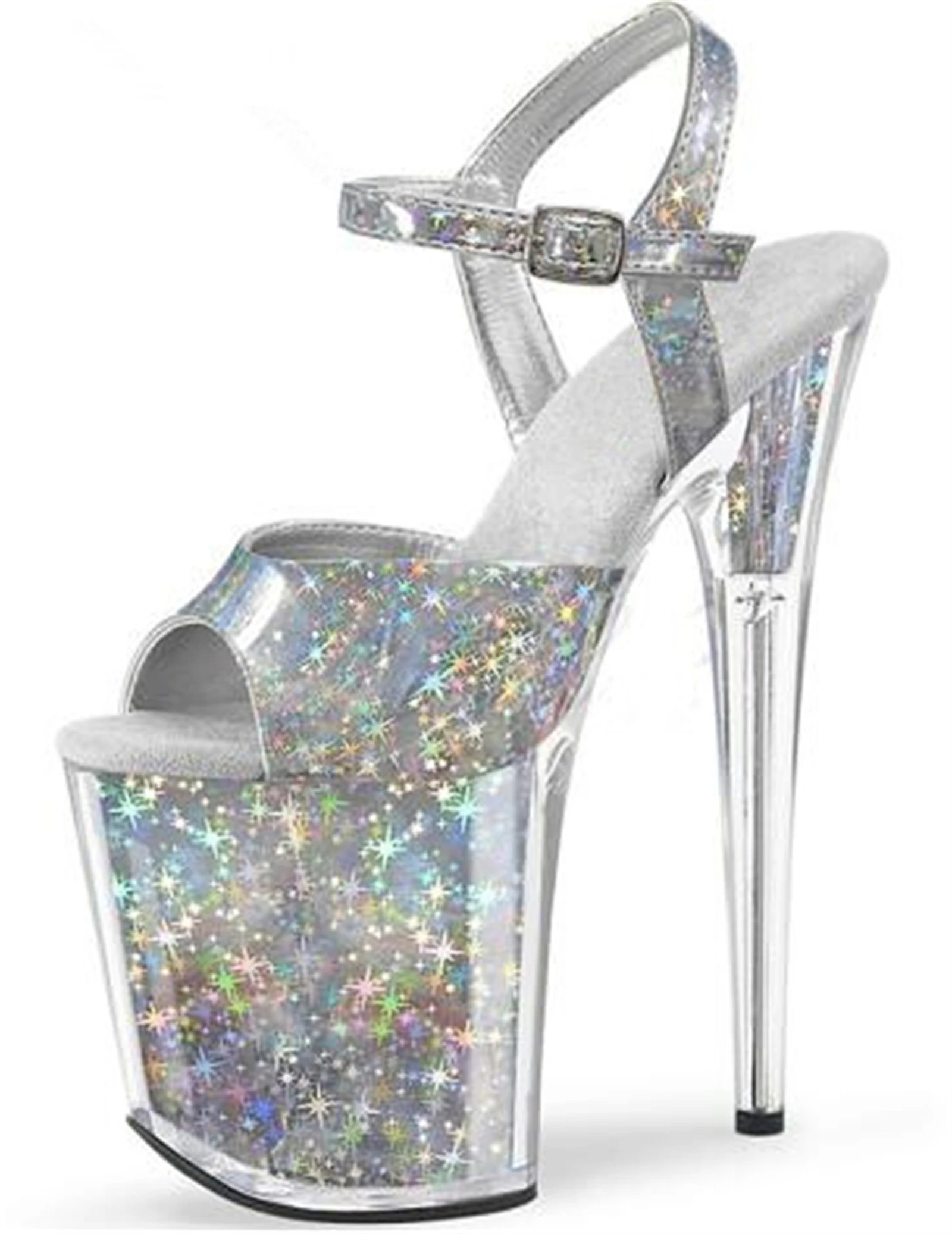

17CM ​20CM Clear Platform Sandals Silver, Iridescent Peep Toe High Heels with Starlight Effect, Extreme Height Party Shoes​