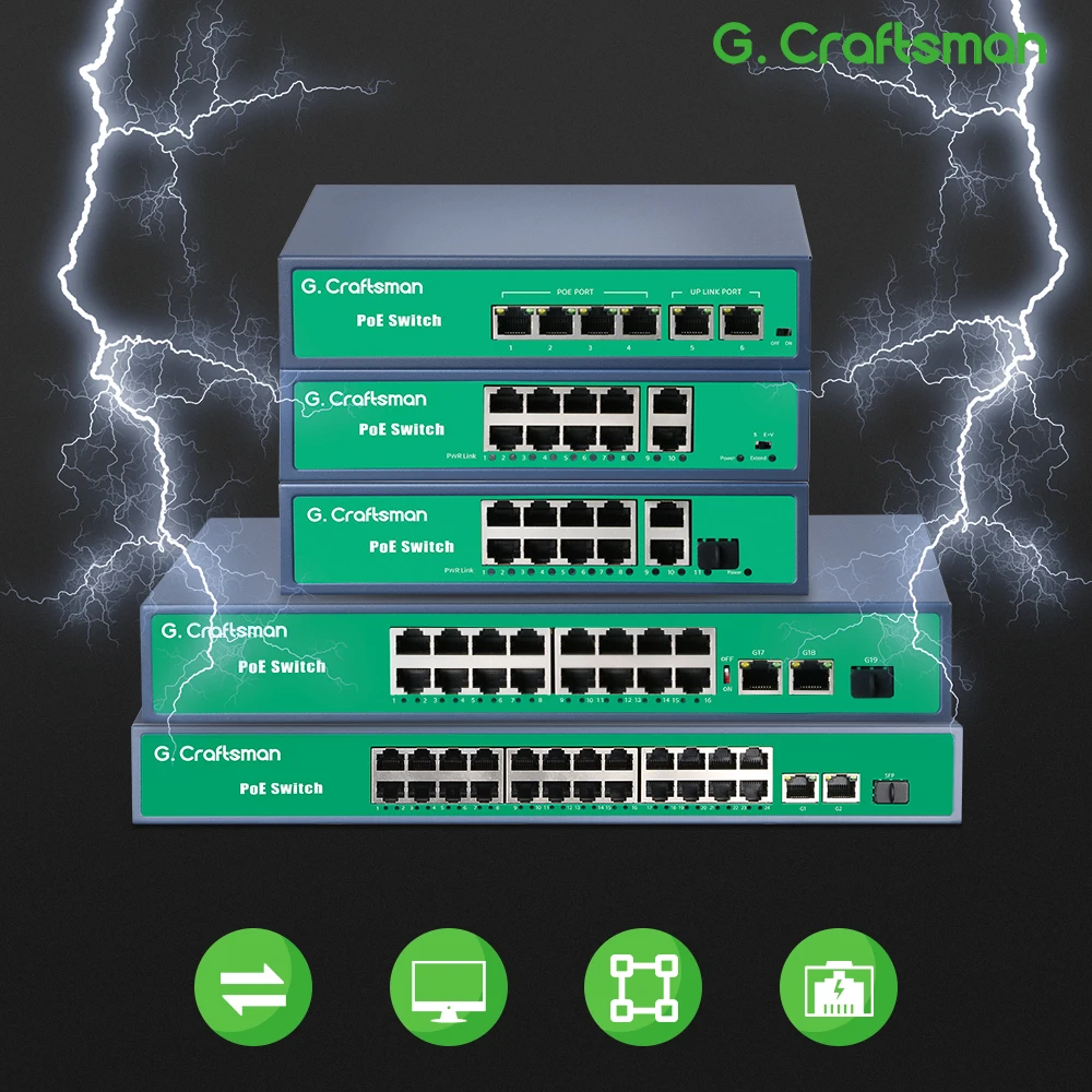 G.Craftsman POE Network Switch 4 8 16 24 Port Support IEEE802.3af/at IP Camera Video Surveillance Wireless AP 100/1000Mbps