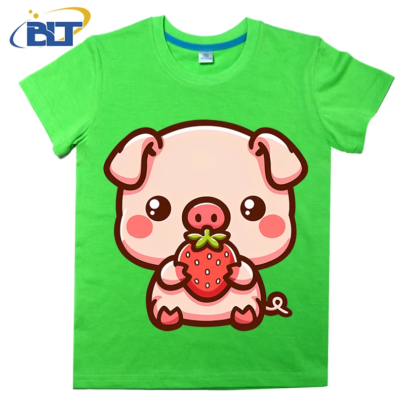 Pig with Strawberry Printed Kids T-shirt Summer Cotton Short Sleeve Casual Tops Suitable for Boys and Girls