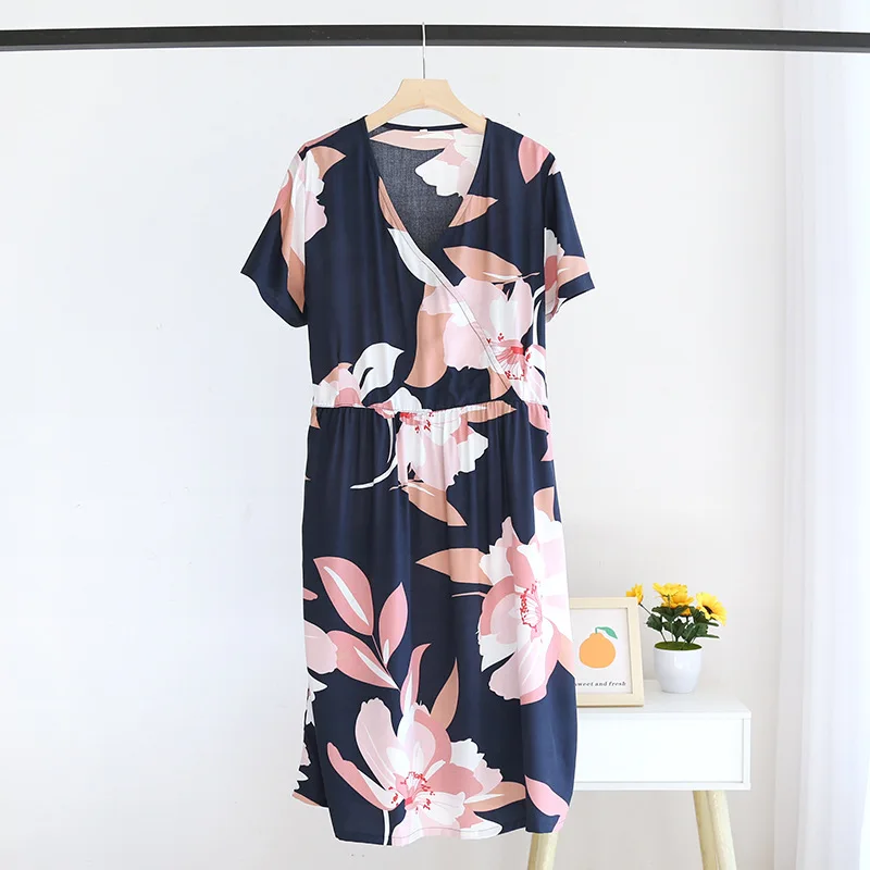 Verão novas senhoras com decote em v camisola 100% viscose manga curta casa vestido floral conforto tamanho grande vestido seção fina feminino