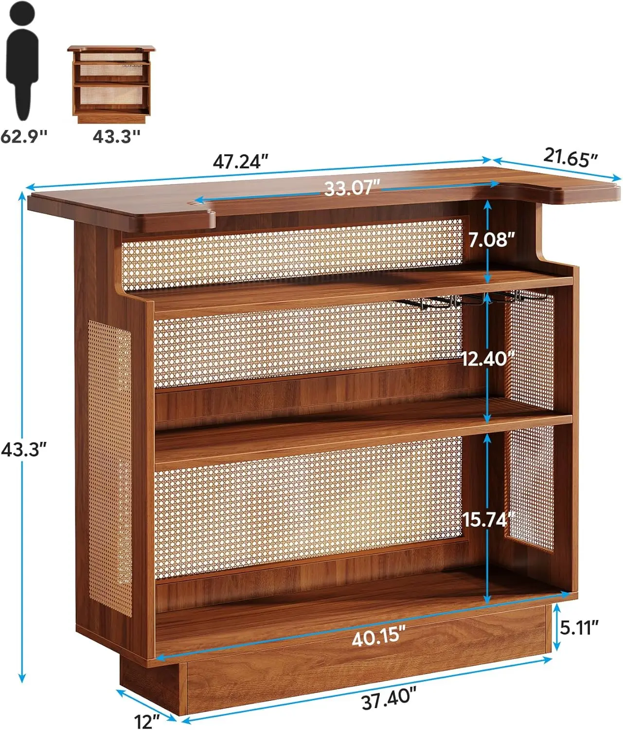 Rattan Home Bar Unit, Farmhouse 4-Tier  Table with 4 Stemware Racks and Heightened Base, Liquor Wine Bar Cabinet Mini  Tab