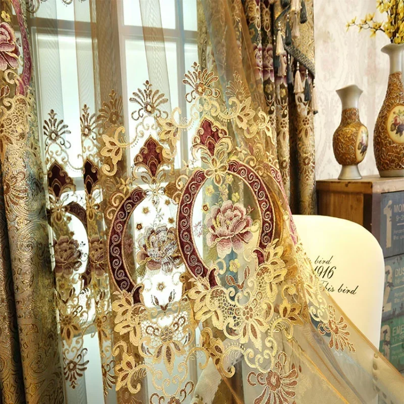 

European Style Gold Leather Water Curtains for Living Room High-end Window Curtain Bedroom Customize Embroidery Valance