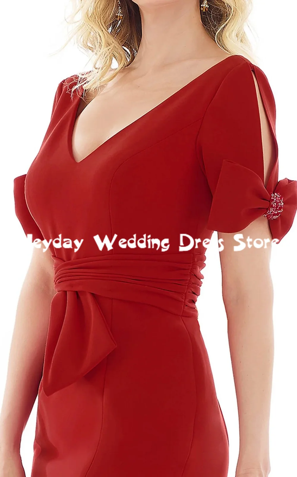 헤이데이 여성용 브이넥 머메이드 스플릿 드레이프드 이브닝 드레스 짧은 소매 리본 비즈 장식 플로어 길이 우아한 드레스 2025