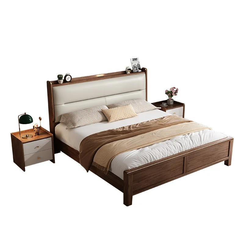 Light Luxury Soft-wrapped Walnut Wood Full Solid Wood Bed, New Chinese Home Master Bedroom, 1.8m Double Bed, Bedroom Furniture