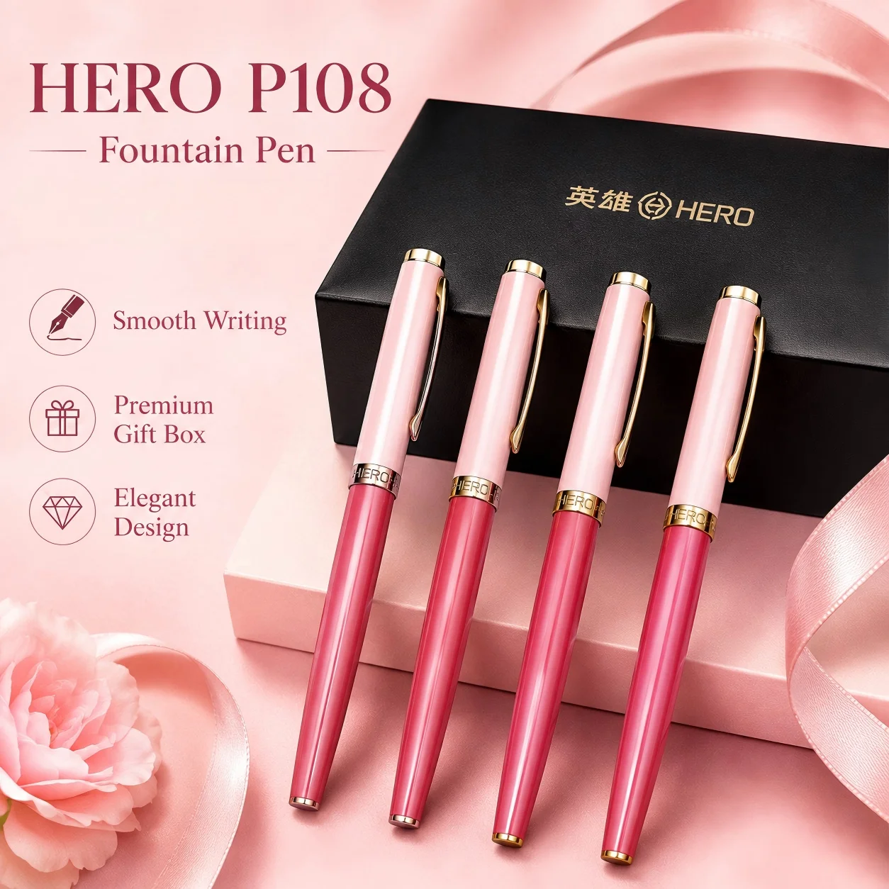 HERO P108 Metall-Füllfederhalter, Rutschfester Matter Griff & 2-in-1 Nachfüllsystem, 2er-Pack 7 Farben Federoptionen, Schüler-Set Ohne Tinte