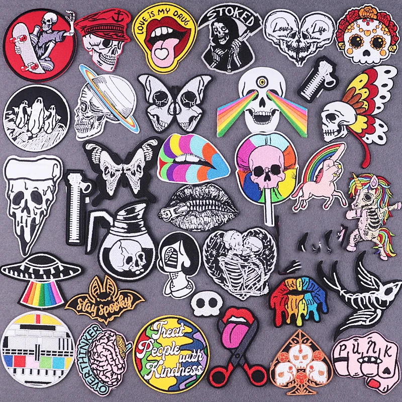 Black And White Patches On Clothes Punk Stickers Hippie Iron On Patches For Clothing Thermoadhesive Patches Skull Cloth Patch