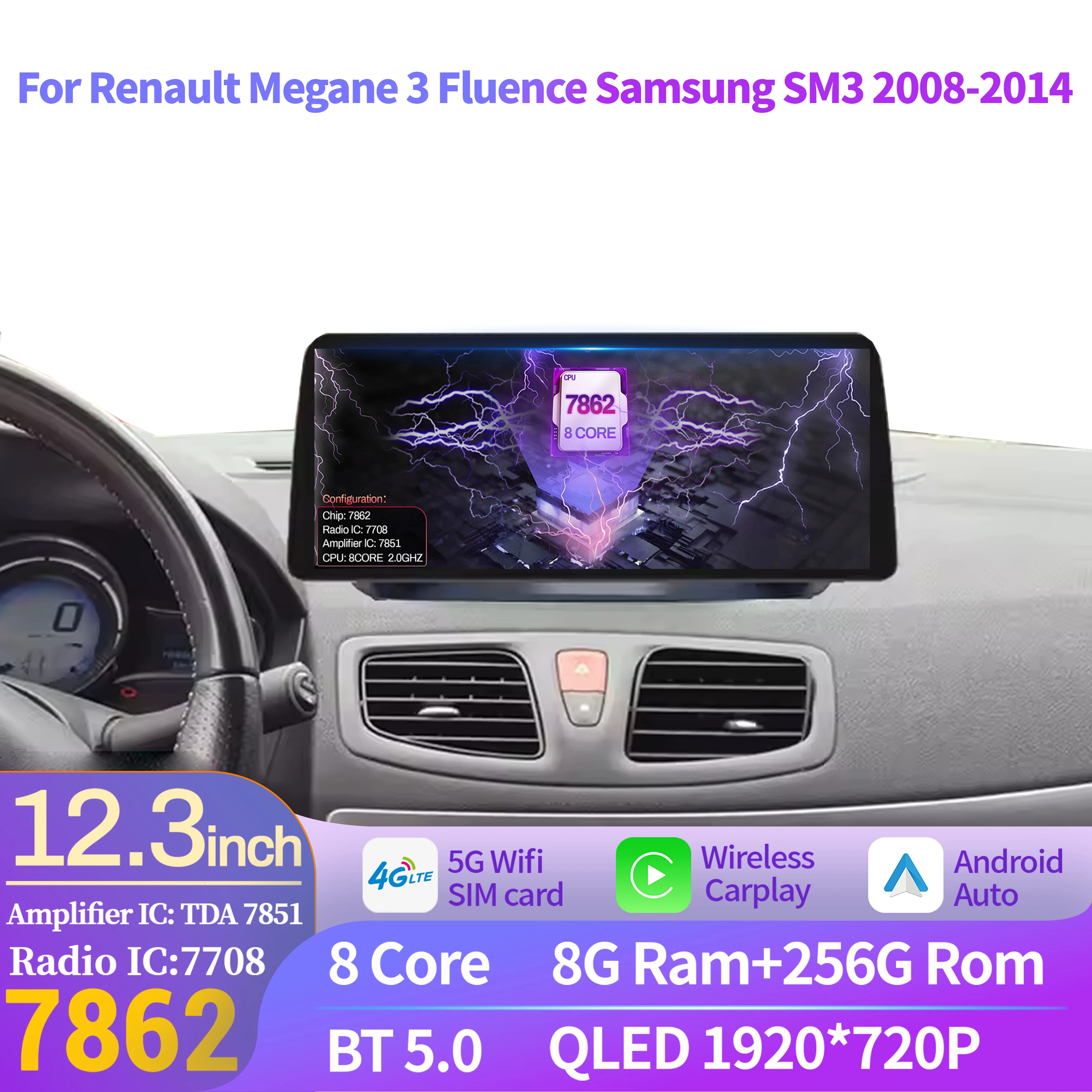 12.3 polegadas android para renault megane 3 fluence samsung sm3 2008-2014 sem fio bt carplay rádio do carro multimídia unidade principal tela