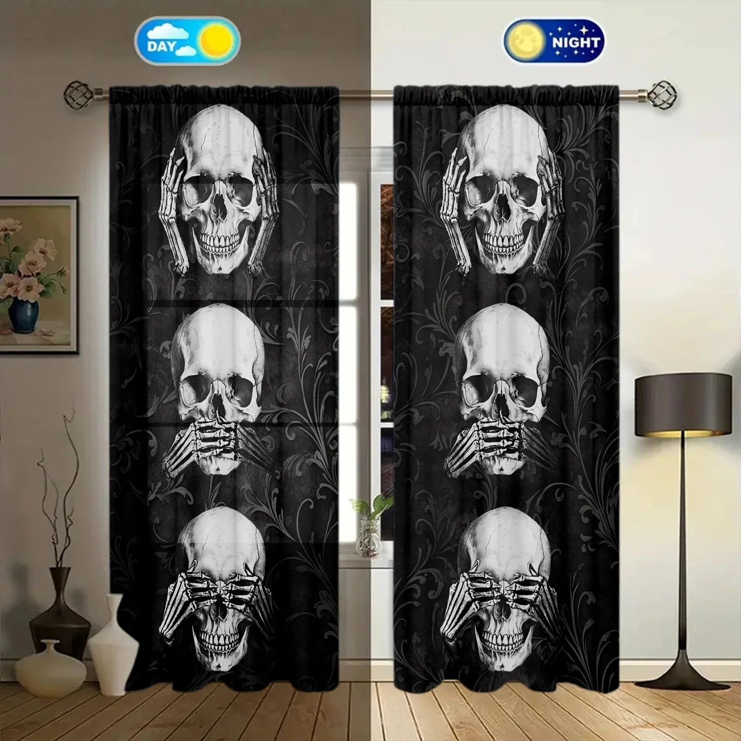 ستارة مطبوعة بثلاث جماجم حكيمة لديكور المنزل - معالجة نافذة الجيب لغرفة النوم والمطبخ وغرفة المعيشة