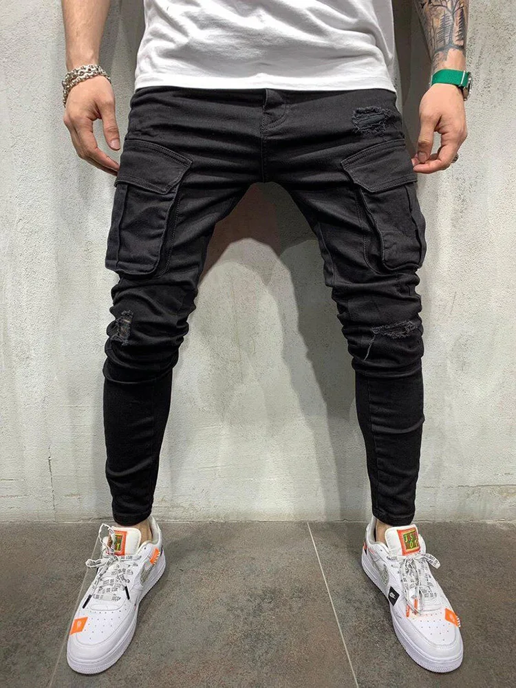 Men Wash Solid Color Multiple Pockets Holes Mid Waist Cargo Pants Trousers Slim Fit Daily Wear Joggers Street Elastic Jeans