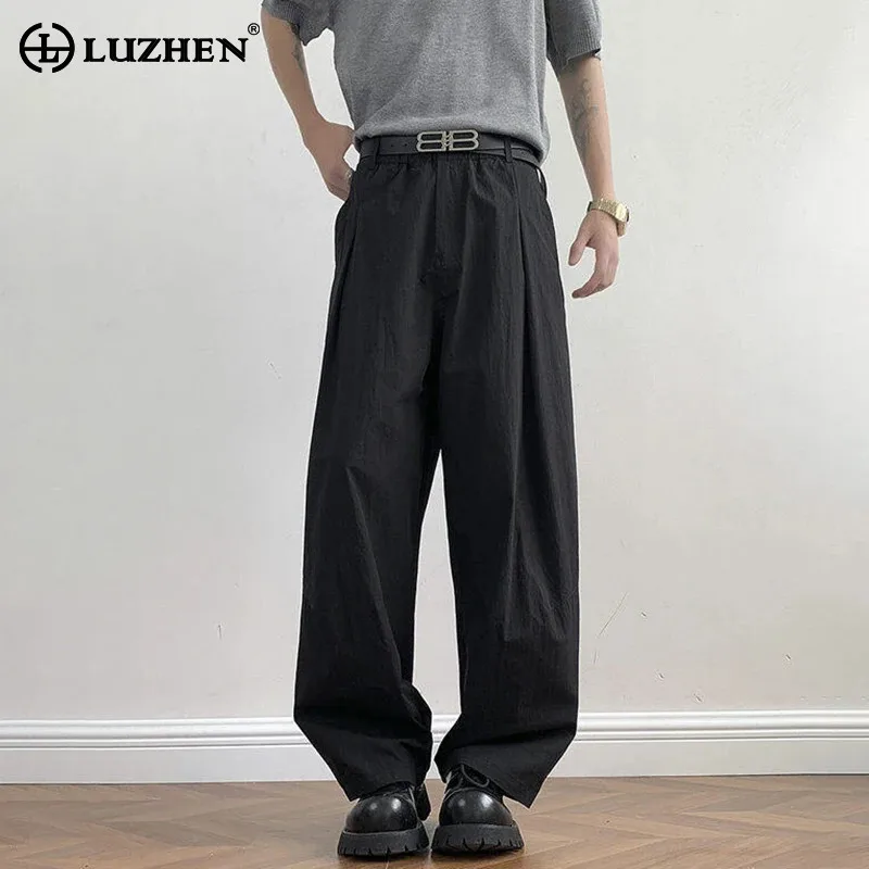 

LUZHEN элегантные красивые складные однотонные повседневные брюки мужские 2025 новые модные свободные прямые брюки высокого качества JY2056