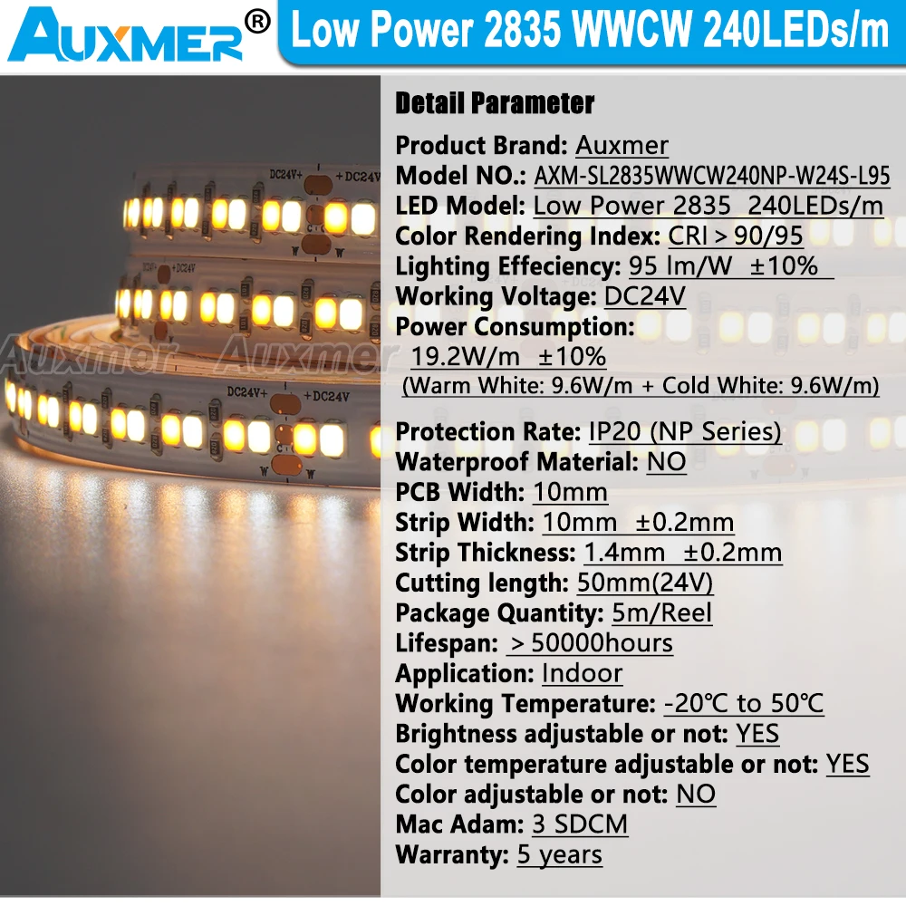 Strisce luminose a LED WWCW a bassa potenza 2835, 240LED/m,IP20,CRI95/90,19.2 W/m, LED regolabile con temperatura di colore CCT, DC12/24V,