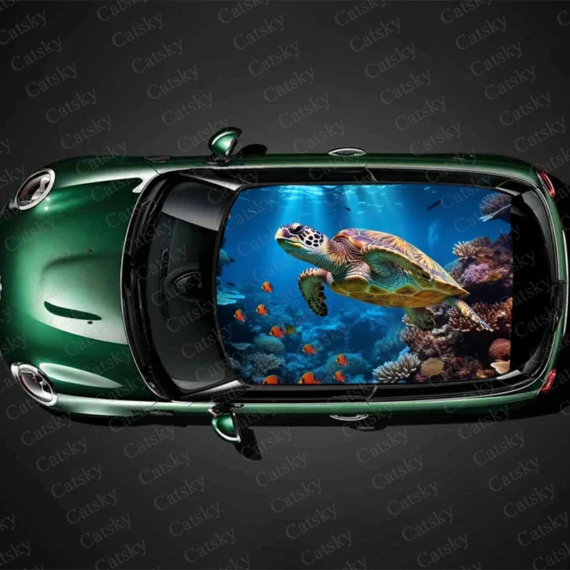 Sea Turtle Swimming In Underwater Car Roof Sticker Wrap Racing SUV Accessories Packaging Painted PVC Custom Car Graphic Decal