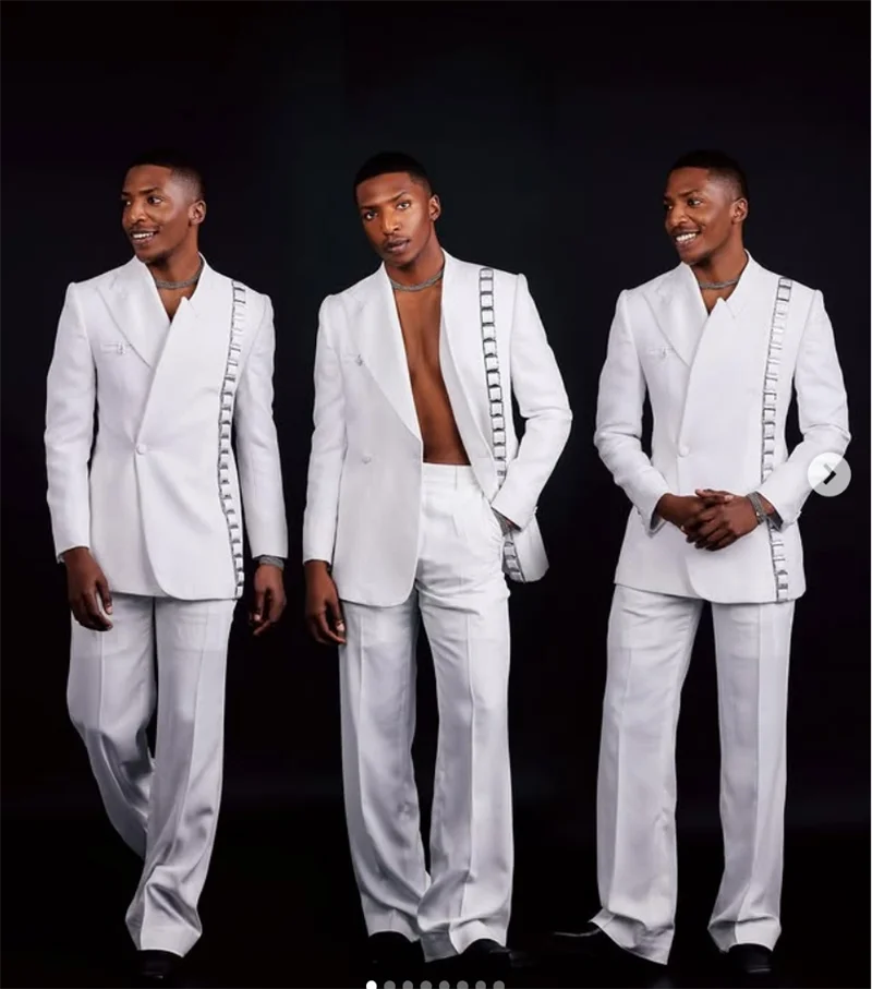 

White Fashion Men Suit Set 2 Piece Blazer+Pants Prom Wedding Tuxedos Coat Cotton Spring Autumn Customized Formal Office Jacket